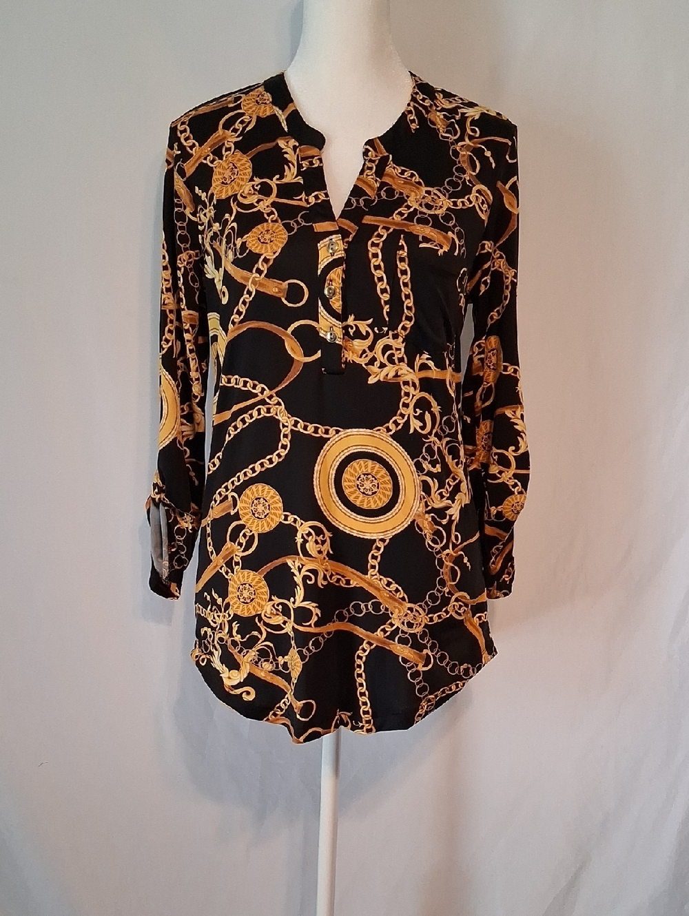 d.n.a. couture Black Blouse with Gold Chain & Medallion Print